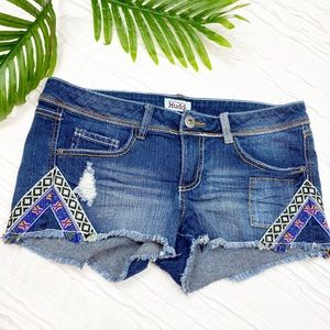 Mudd Boho Distressed Frayed Hem Aztec Denim Shorts